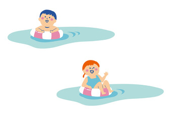 浮き輪で浮かぶ子供たちのイラスト
