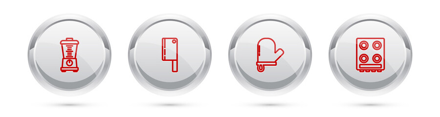 Set line Blender, Meat chopper, Oven glove and Gas stove. Silver circle button. Vector