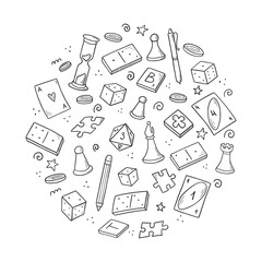 Hand drawn set of board game element, cards, chess, hourglass, chips, dice, dominoes. Doodle sketch style. Isolated vector illustration for board game shop, store, game competition. © Polina Tomtosova