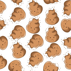 Seamless pattern with kawaii poop on white background. Cartoon poo, feces icons. Shit patterns, evil turd. Vector illustration for invitation, poster, card, fabric, textile. Doodle style