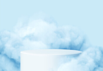 Blue background with a product podium surrounded by blue clouds. Smoke, fog, steam background. Vector illustration - obrazy, fototapety, plakaty