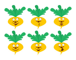 Yellow turnip cartoon character with smiles and faces. Clipart and drawing. Vector isolated illustration on white background.