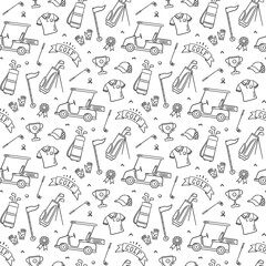 Golf seamless pattern - club, ball, flag, bag and golf cart in doodle style. Hand drawn vector illustration on white background © Elena Pimukova