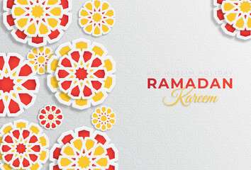 Ramadan Kareem concept banner with islamic geometric patterns. Paper cut 3d flowers on light background. Vector illustration