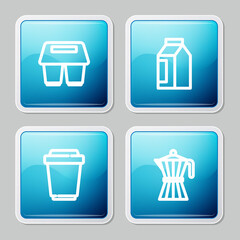 Set line Coffee cup to go, Bag coffee beans, and moca pot icon. Vector