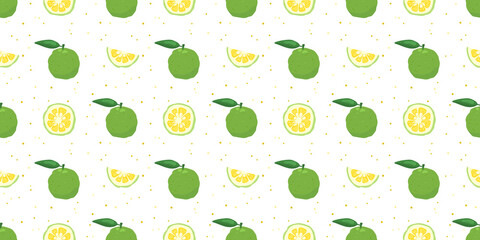 Green yuzu japanese citron fruit seamless pattern vector illustration isolated on white background. Full, half and sliced citrus yuzu fresh fruit seamless texture.