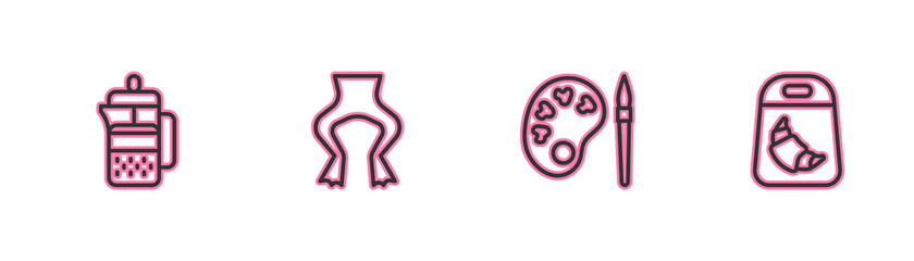 Set line French press, Paint brush with palette, Frog legs and Croissant package icon. Vector