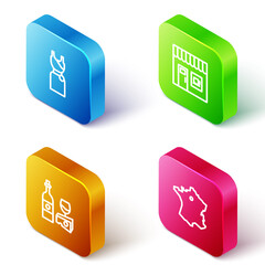 Set Isometric line Woman dress, Coffee shop, Wine bottle with cheese and Map France icon. Vector