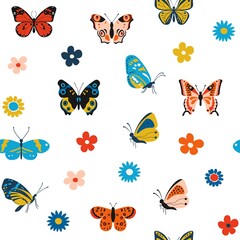 Butterfly pattern. Cartoon seamless texture for print with colorful flying insects and flowers. Vector nature textile pattern