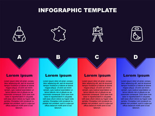 Set line Handbag, Map of France, Easel or painting art boards and Croissant package. Business infographic template. Vector