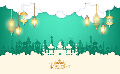 Eid Mubarak greeting Ramadan kareem. Wishing for Islamic festival with lamp and cloud.
