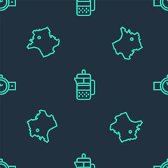 Set line French press, Map of France and Wrist watch on seamless pattern. Vector