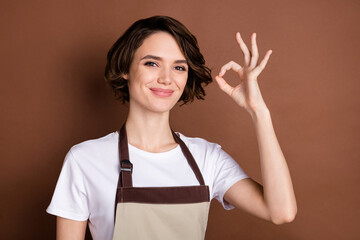 Photo of young smiling cheerful lovely woman barista showing okay sign gesture isolated on brown...