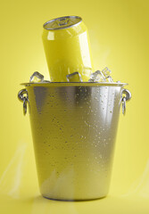 3d render of drink can with ice cube on stainless bucket for product display © KWstudio