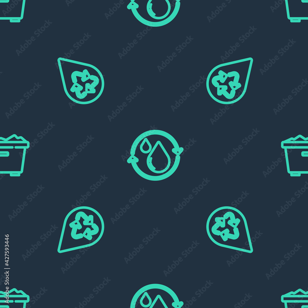 Poster set line recycle clean aqua, and trash can on seamless pattern. vector
