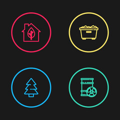Set line Christmas tree, Radioactive waste in barrel, Trash can and Eco friendly house icon. Vector