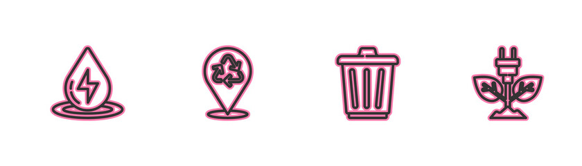 Set line Water energy, Trash can, Recycle and Electric saving plug in leaf icon. Vector