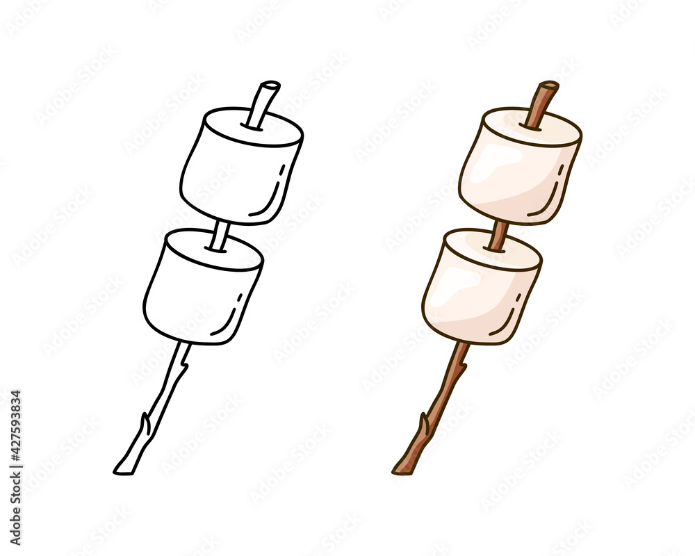 Poster marshmallows on branch doodle icon. linear and color version. hand drawn simple illustration of swee