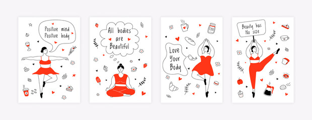 Body positive posters. Female empowerment active lifestyle, fat cartoon characters doing sport exercises and yoga. Vector set