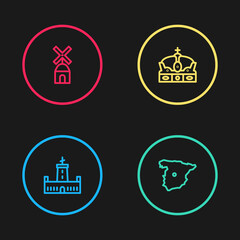 Set line Montjuic castle, Map of Spain, Crown spain and Windmill icon. Vector