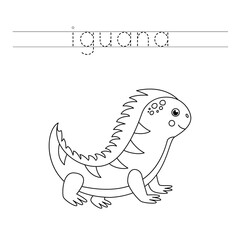 Tracing letters with cute iguana. Writing practice for kids.