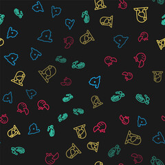 Set line Map of Spain, Churros and chocolate, Spanish woman and Orange fruit on seamless pattern. Vector