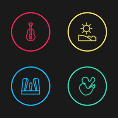 Set line Gate of Europe, Spanish wineskin, Beach and guitar icon. Vector