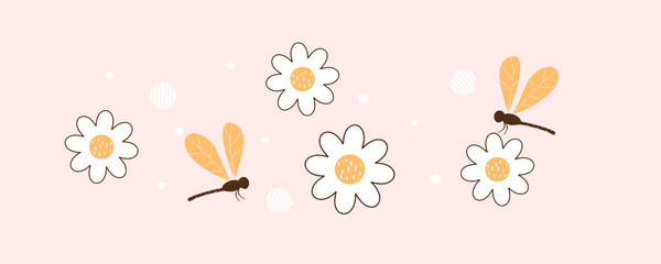Daisy flower and dragonfly cartoons on orange background vector illustration.