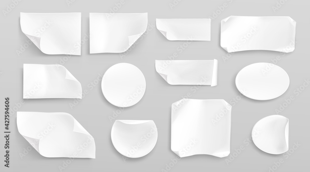 Aufkleber white paper stickers or crumpled glued patches mockup. blank shrunken labels of different shapes rou