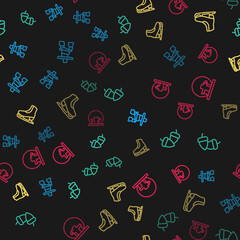 Set line Inukshuk, Acorn, Skates and Montreal Biosphere on seamless pattern. Vector