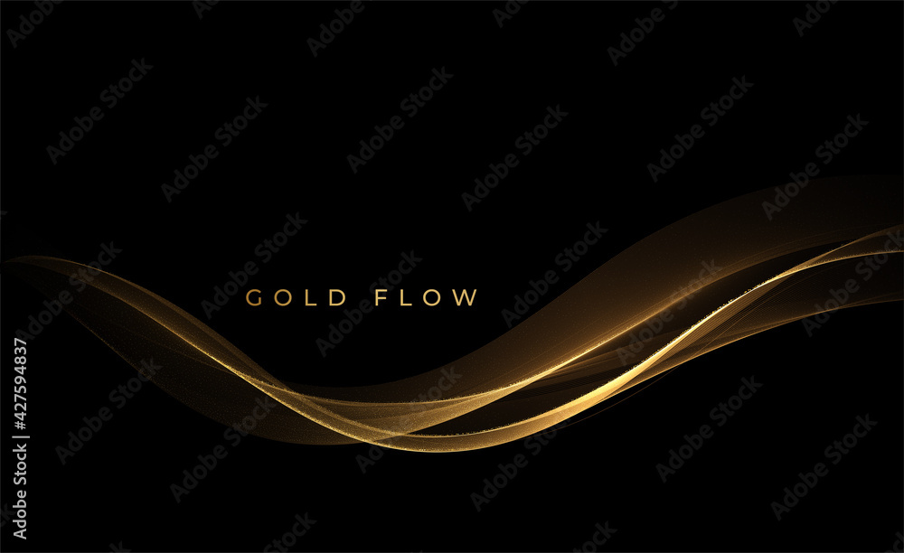 Poster Abstract Gold Waves. Shiny golden moving lines design element with glitter effect on dark background for greeting card and disqount voucher.
