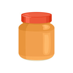 Peanut or almond nut butter in glass jar isolated on white background. Vector illustration in cartoon flat style.