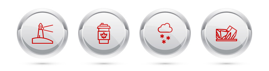 Set line Lighthouse, Coffee cup to go, Cloud with snow and Royal Ontario museum. Silver circle button. Vector