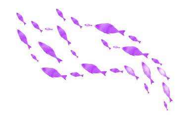 Silhouettes of groups of  fishes on white. Watercolor