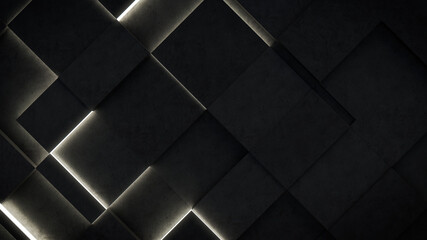 Dark, Concrete wall background, with integrated White light strips. Geometric Tech Wallpaper with Illuminated, Futuristic, 3D Blocks. 3D render