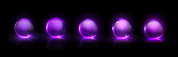 Force shield bubbles, power energy glowing glass spheres, defense dome fields. Purple magic crystal balls, shields, deflector, firewall protection isolated on black background, Realistic 3d vector set © klyaksun