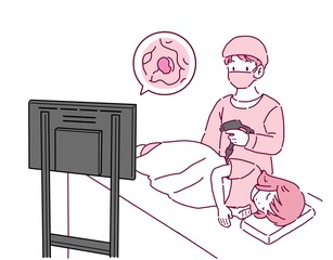 大腸がん検査を行う女性と医者のイラスト