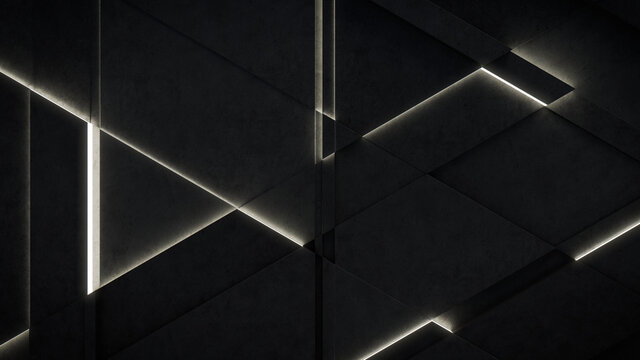 Dark, Concrete wall background, with integrated White light strips. Geometric Tech Wallpaper with Illuminated, Futuristic, 3D Blocks. 3D render