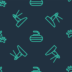 Set line Stone for curling, Lighthouse and Paw print on seamless pattern. Vector