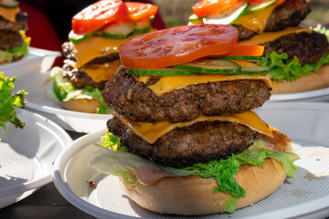 Tasty double cheeseburger with melted cheddar cheese dripping over ground beef burger garnished with fresh salad ingredients and served on a wooden table on an outdoor picnic table