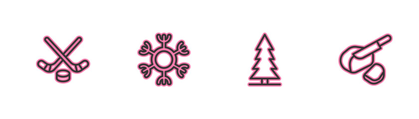 Set line Ice hockey sticks and puck, Canadian spruce, Snowflake and Peameal bacon icon. Vector