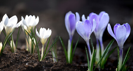 tender first spring flowers white and lilac crocuses in drops of water after rain. Close-up. Selective focus, photo with shallow depth of field.