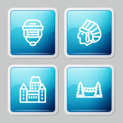 Set line Hockey helmet, Native American Indian, Chateau Frontenac hotel and Capilano Suspension Bridge icon. Vector