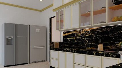 3d render Illustration classic style kitchen. white, black and gold theme classic kitchen.