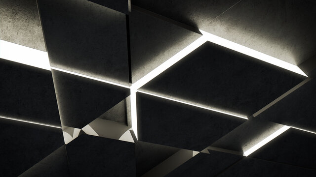 Dark, Concrete wall background, with integrated White light strips. Geometric Tech Wallpaper with Illuminated, Futuristic, 3D Blocks. 3D render