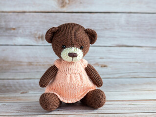 Soft toy bear in a dress.
