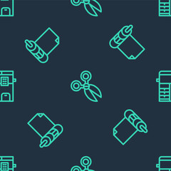 Set line Scissors, Roll of paper and Copy machine on seamless pattern. Vector