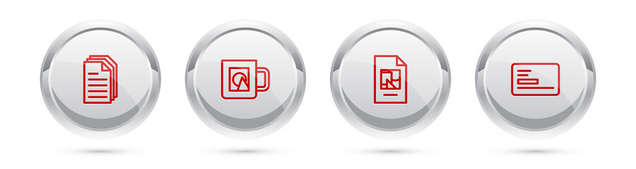 Set line File document, Coffee cup, and Business card. Silver circle button. Vector