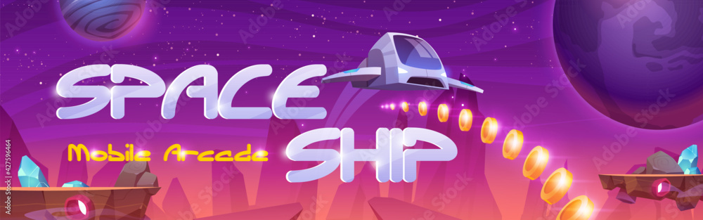 Poster mobile arcade with spaceship, interstellar shuttle hover above alien planet with flying rocks and as