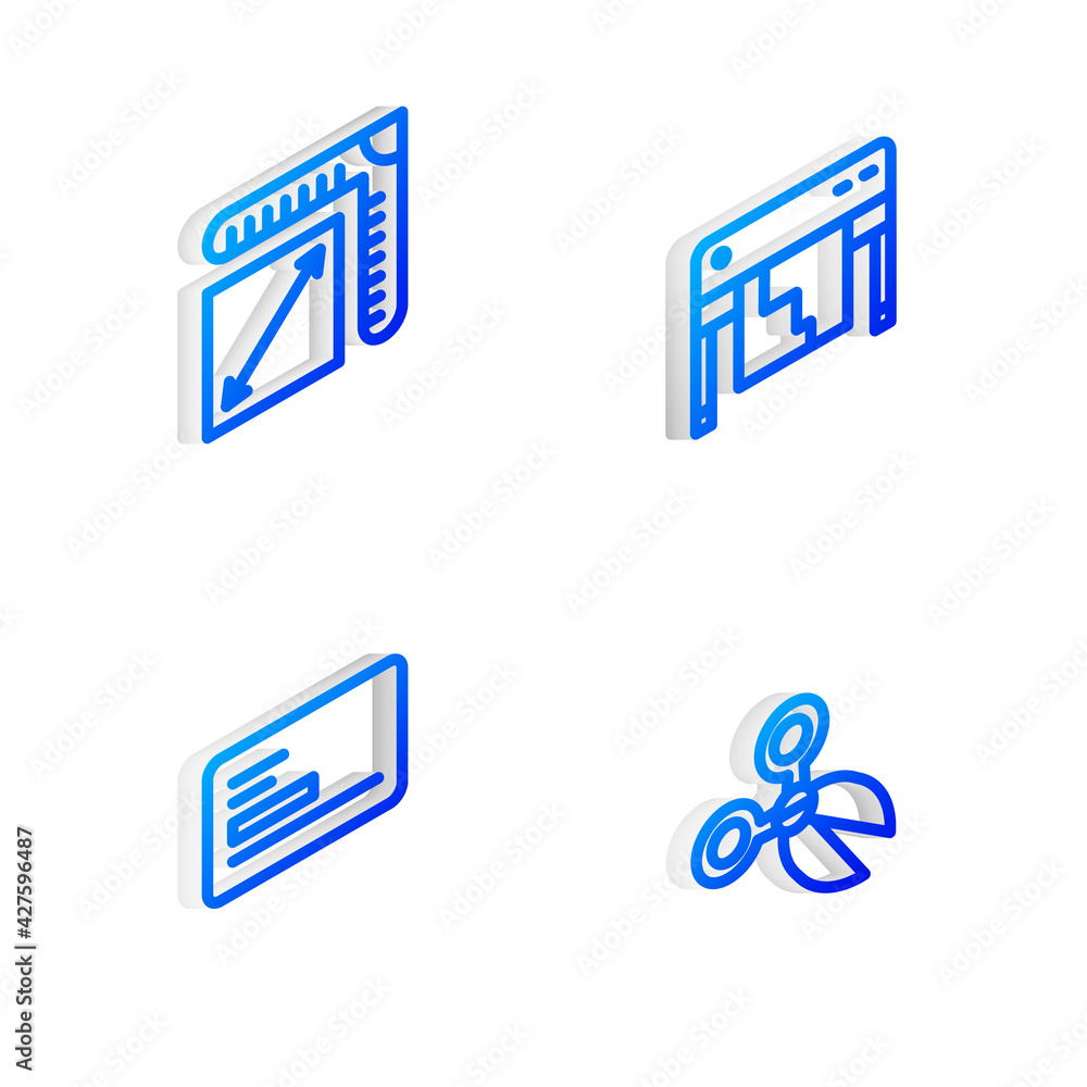 Poster set isometric line plotter, paper size, business card and scissors icon. vector